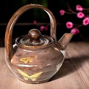 Teapot for One in Taupe with Genuine Gold Butterflies/Tea Lover Gift